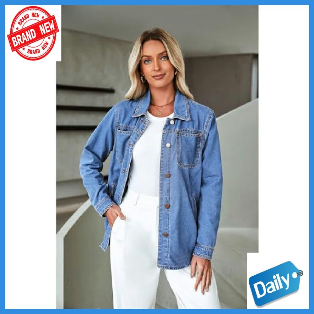 Denim Shacket Button Down Jacket with Pockets Rel… - image 4